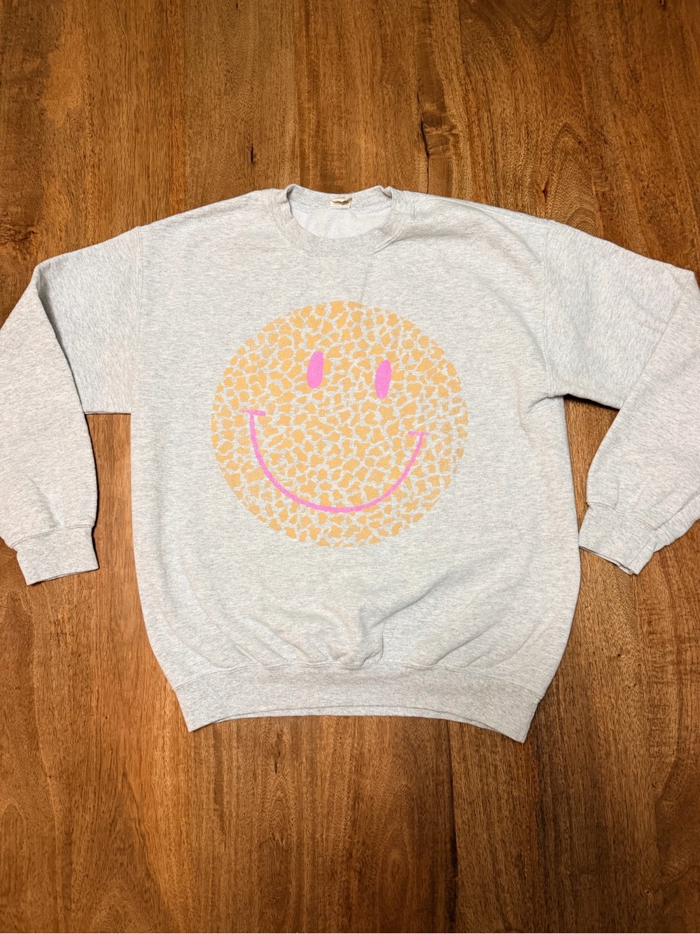 Altar'd State Gray Crewneck with Yellow Leopard Smiley and Pink Accents